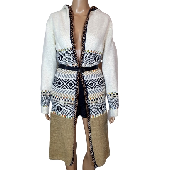 Sweaters - NWOT longline Cardigan stripe knit white brown size 6/8 . w" hoodie wool blend